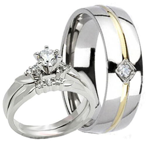 His Hers New Mens TITANIUM 6MM Band /& 2 pc Womens Engagement Wedding Ring Set CZ