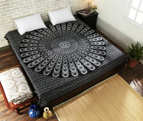 Feather Mandala Cotton Bedspread Queen Flat Bed Sheet Flat Sheet Wall Hanging