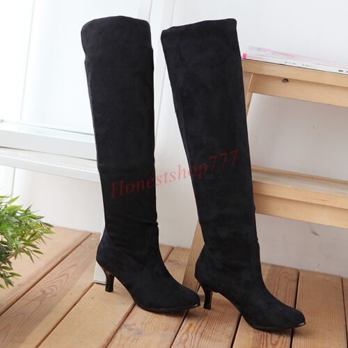Retro Women Suede Shoes Stretchy Kitten Heel Fashion Over Knee Thigh High Boots