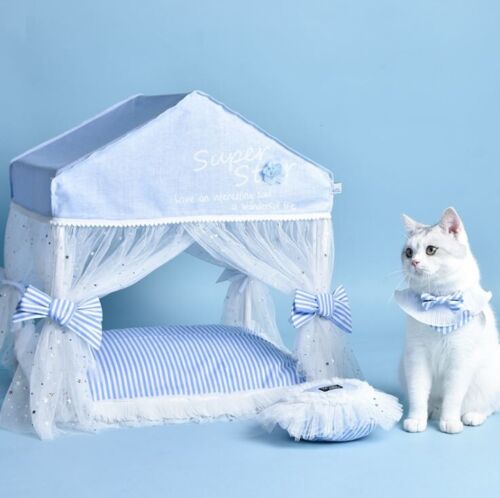 Princess Lace Handmade Pet Dog Cat Bed House Tent Sofa Cushion Frame Bed Blue