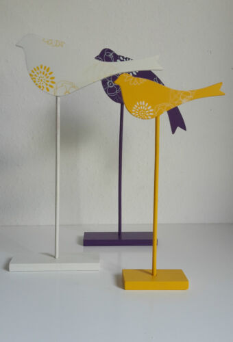 3er Set Vögel stehend Vogelset Holz Deko Frühling Ostern Sommer gelb-creme lila 