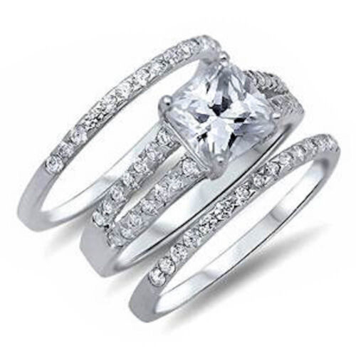 3 Wedding Ring Set Princess Cut Cz .925 Sterling Silver Ring Sizes 4-10 