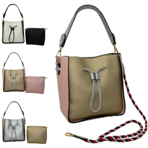 Ladies Tie-Top Bucket Shoulder Bag Set E1606 Women Fancy Tote Crossbody Handbag