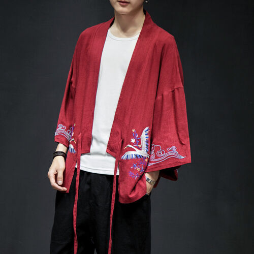 Hommes broderie japonaise kimono Veste Bouffant Manteau Cardigan Outwear Top Haori Chic 