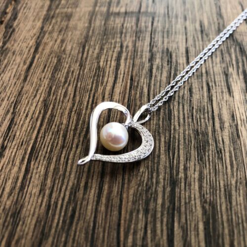 Authentic ZALES Sterling Silver Heart CFW Pearl Lab White Sapphire Pendant $149