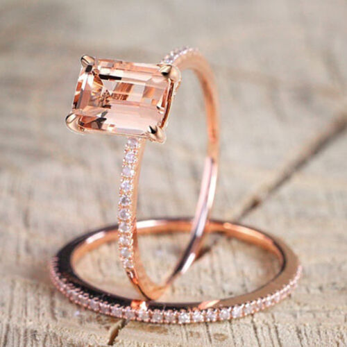 Ladies Fashion Rose Gold 2pcs Exquisite Rhinestone Studded Engagement Ring TO