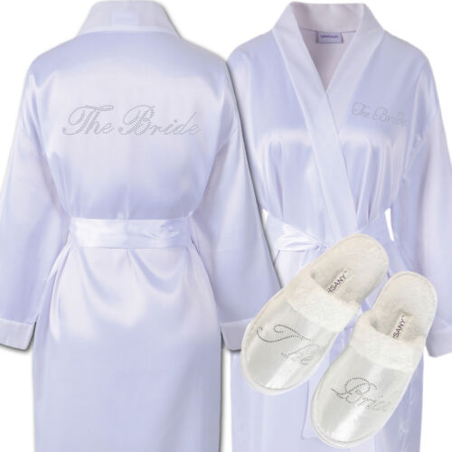 Rhinestone The Bride Satin Bathrobe /& Spa Slippers Set Kimono Dressing gown
