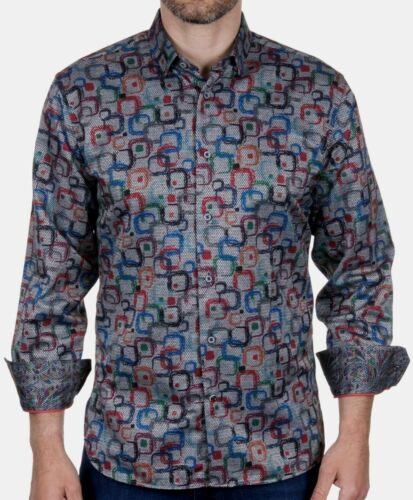 Luchiano Visconti Casual Shirt XLT Grey Multi Abstract Squares L/S NWT $120 