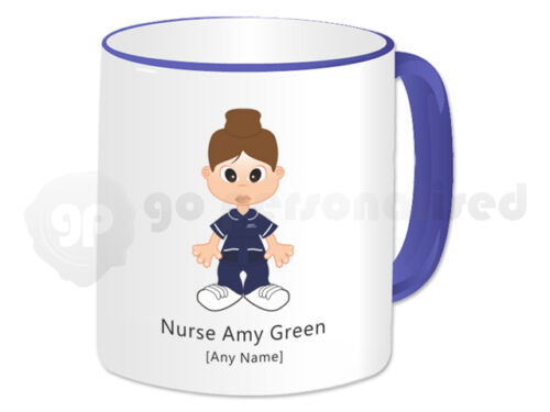 Blue Personalised Gift Nurse Mug Cup Present Idea Navy Top/Trousers, White Trim 