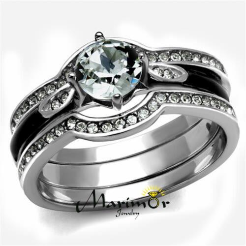 Stainless Steel 1.1 Ct Round Cut Zirconia 3pc Wedding Ring Set Women's Size 5-10 