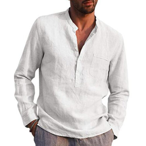 Summer Men Faux Linen Long Sleeve V-Neck Button Casual T-Shirt Loose Tops Blouse