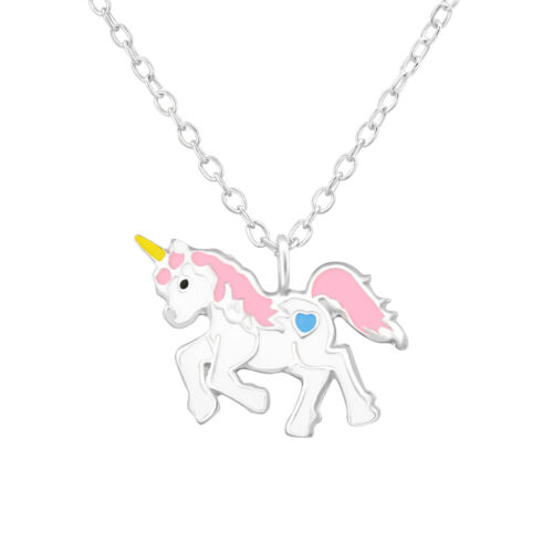 925 Sterling Silver Pink White Heart Unicorn Charm Pendant Necklace Kids Girls