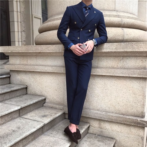 Men/'s Double-breasted Navy Blue Suits Jacket+Pant Formal Party Sports Suits