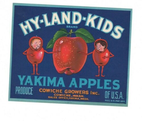 Vintage 1940/'s Fruit Crate Label Hy-Land-Kids Brand Yakima Apples Cowiche  NOS