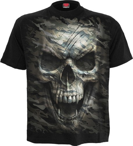 Spiral Direct CAMO-SKULL T Shirt//Army//Rock//Biker//military//Camouflage//Dog Ta//Top
