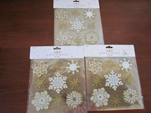 Window Gel Cling 3 Packs 27 Pcs Happy Holidays Gold Snowflakes Winter Christmas 