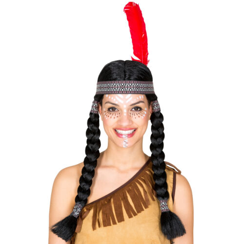Haarband mit Federn Indianerin Squaw Fasching Perücke geflochtene Zöpfe schwarz 