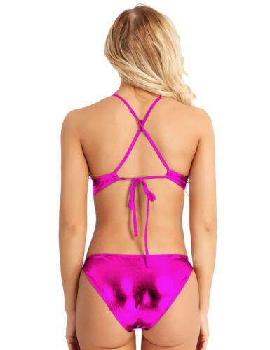 Women Wetlook Bikini Bra Set Halter Crop Top Briefs Swimsuit Tankini Swimwear 
