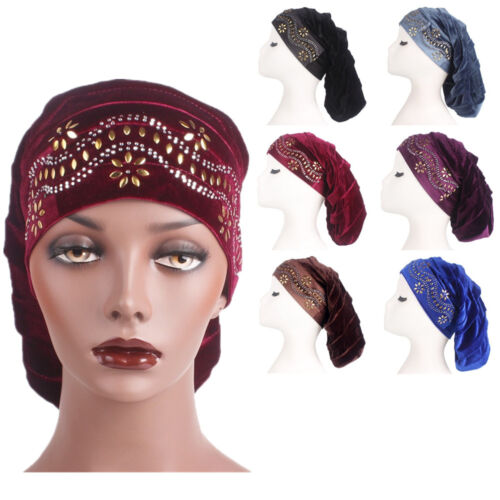 Diamante Velvet Pleated Turban Sleeping Cap Baggy Hat for Hair Loss Muslim hijab