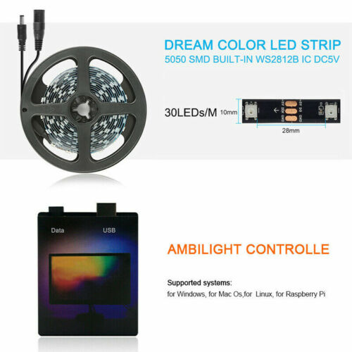 1M-5M RGB WS2812B Ambilight LED-Streifen USB 5V PC Desktop Dream Screen Monitor