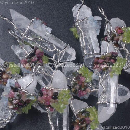 Natural Gemstone Clear Quartz Crystal Rock Stick Life Tree Pendant Beads Silver