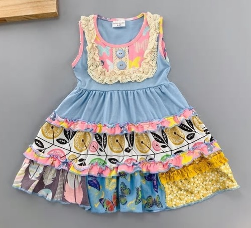 NEW Girls Boutique Blue Sleeveless Tiered Floral Ruffle Dress 5-6 6-7 7-8