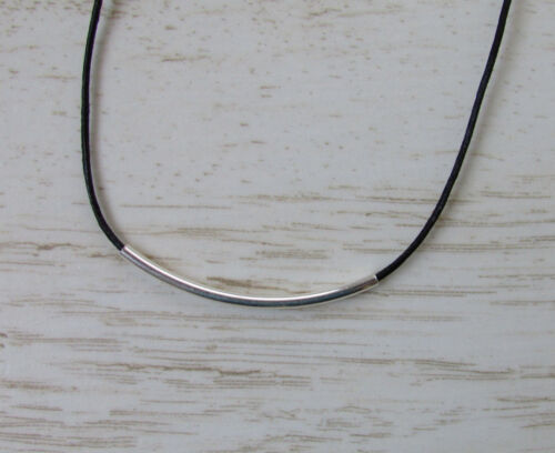 Sterling Silver Simple Bar Pendant on Black Leather Necklace All lengths Pretty!