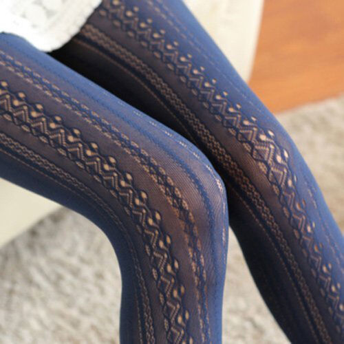 Women Fishnet Hollow Out Chiffon Lace Stockings Tights Vertical Stripe Pantyhose 