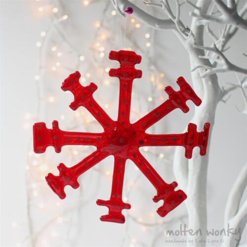 Molten Wonky Fused Glass Hanging Red Snowflake Gift Christmas Tree Decoration