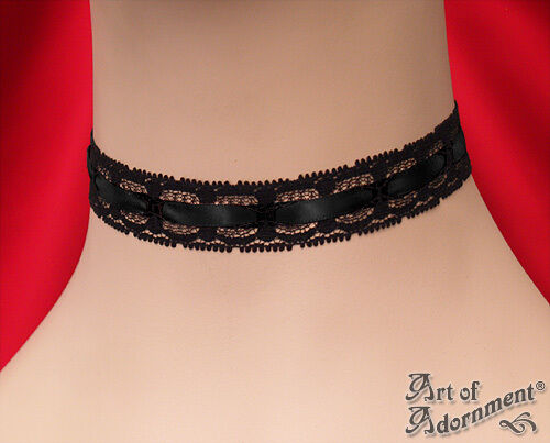 Gothic BLACK LACE /& SATIN CHOKER Necklace Victorian Style Pick Ribbon Color L08
