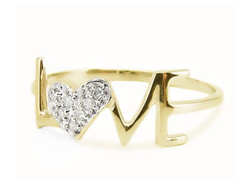 10K Yellow Gold Love Ring White Diamond Heart Cluster .05ct Size 5-9 