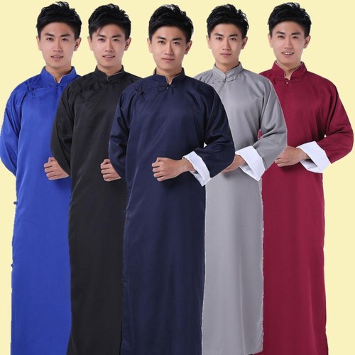 Men Chinese Stand Neck Ancient Robe Full Length Gown Vintage Stage Cosplay Coat