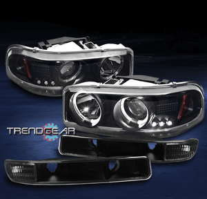 YUKON HALO LED BLACK PROJECTOR HEAD LIGHTS LAMP+BUMPER SIGNAL SIERRA//2000 1999