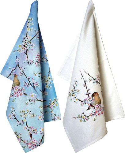 *Geschirrhandtuch*2er Set*HARMONY*Kirschblütenzweig/&Vogel*