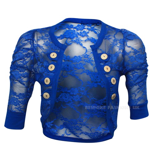 Da Donna Increspato 3//4 Manica Stile Militare Donna a Fiori Pizzo Coprispalle Bolero Top