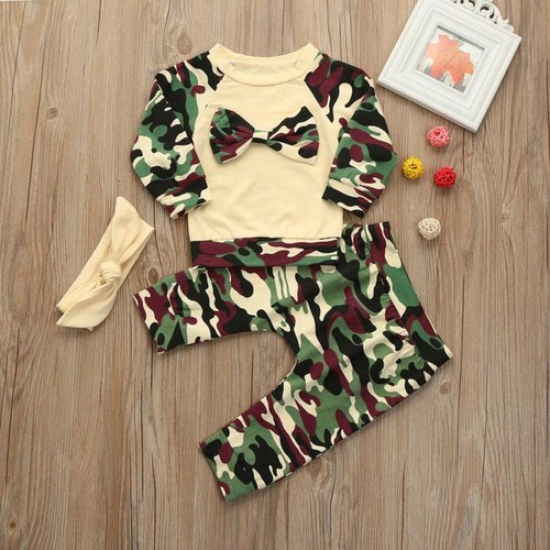 Newborn Toddler Baby Girls Boys Camouflage Bow Tops Pants Outfits Set Clothes