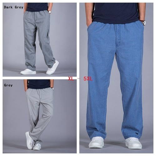 Oversize Mens Straight Pants Baggy Casual Slacks Trousers Linen Cotton Thin