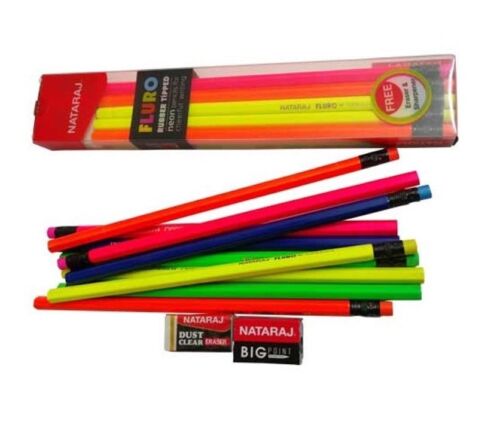 school home kids writing 30x Nataraj Fluro Rubber Tipped Super Dark Neon Pencil 