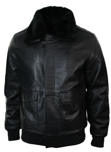 Mens Real Fur Collar Leather Bomber Pilot Flying Jacket Black Brown A2