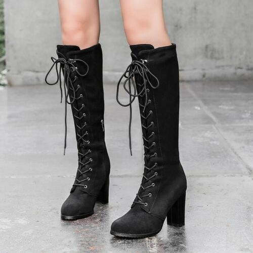 Details about   Fashion Women Lace Up Riding Side Zip Block Heels Mid Calf Knee High Boots 34-43 