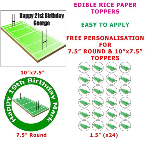Personalised Rugby Pitch Birthday Cake/Cupcake Toppers Decorated On Rice Paper 