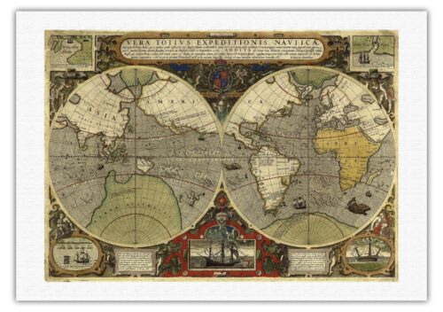 World Map Vintage Engraved Cartographic Map Art Poster Print Giclee