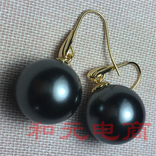 16MM HUGE black south sea  shell pearl earrings 18K GOLD AAA party TwoPin earbob 
