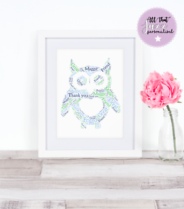 Personalised Word Art Print Owl Thank you Get Well Soon Friend card gift Frame