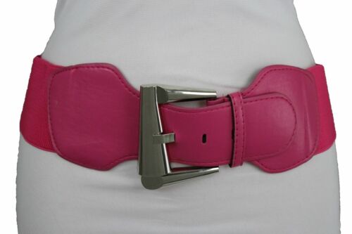 Women Pink Faux Leather Wide Casual Fashion Fun Belt Big Silver Metal Buckle S M