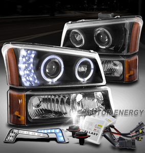 FOR 03-06 CHEVY SILVERADO HALO LED BLACK PROJECTOR HEADLIGHT LAMP W//BLUE DRL+HID