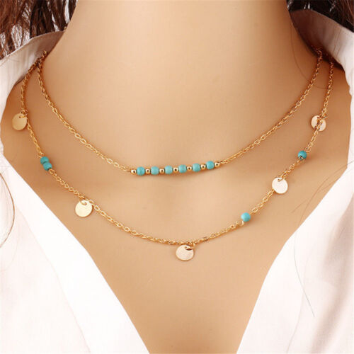Women Boho Vintage Gold Silver Choker Chain Necklace Pendant Multilayer Jewelry
