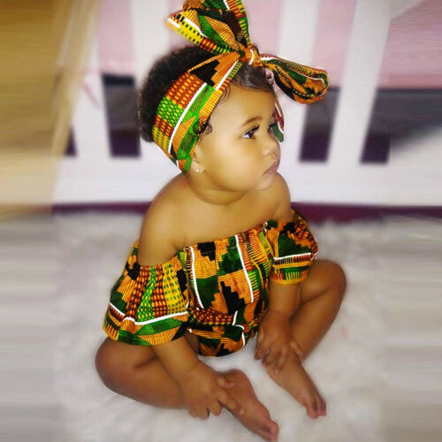 Infant Baby Girls African Print Off Shoulder Romper Hair Band Bodysuits Clothes