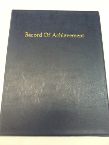 new font RECORD OF ACHIEVEMENT PVC A4 FOLDER IN Blue LEATHER LOOK WITH gold prin