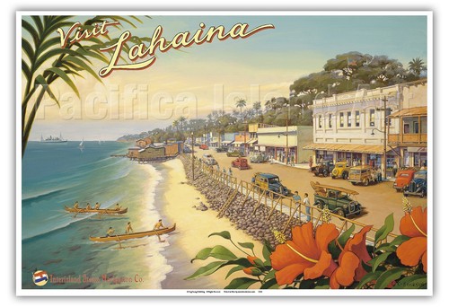 Visit Lahaina Kerne Erickson Vintage Style Travel Poster Print Maui Hawaii